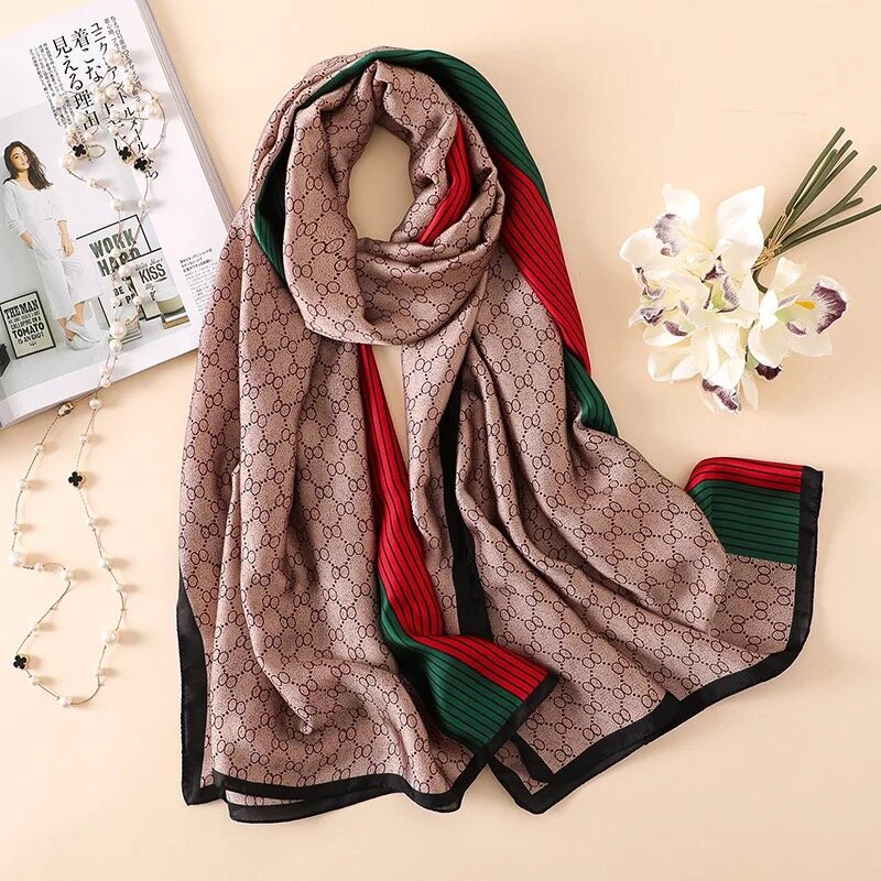 Syal sutra motif mode untuk wanita syal 180x90cm hangat merek mewah selendang lapisan Satin populer Hijab desain empat musim