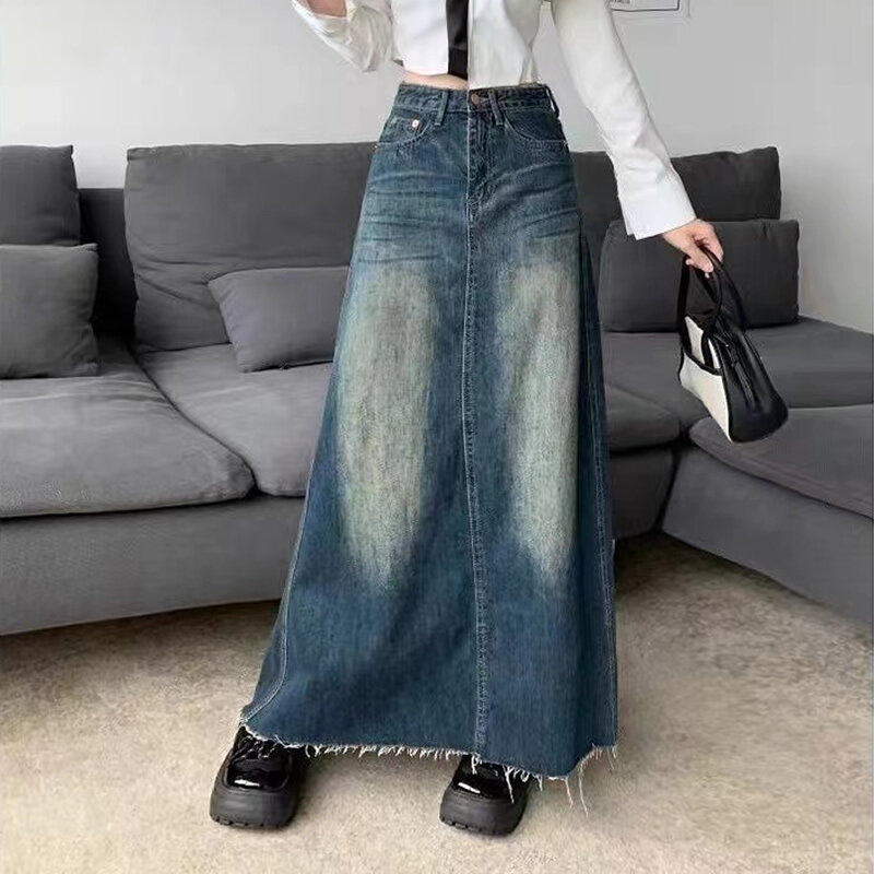 2022 koreański moda Kawaii Harajuku luźne kolano długość Midi długa spódnica Gothic Grunge Jeans ołówek długie spódnice