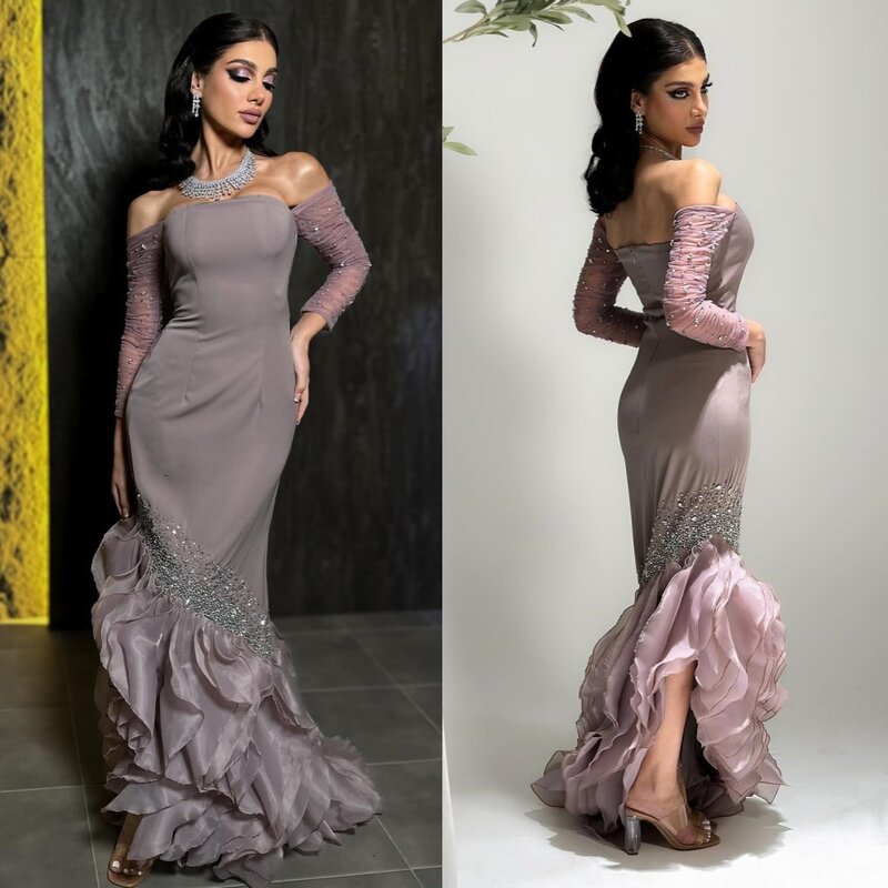 Prom Dress Evening Jersey Pleat Beading Wedding Party A-line Off-the-shoulder Bespoke Occasion Gown Long Dresses Saudi Arabia