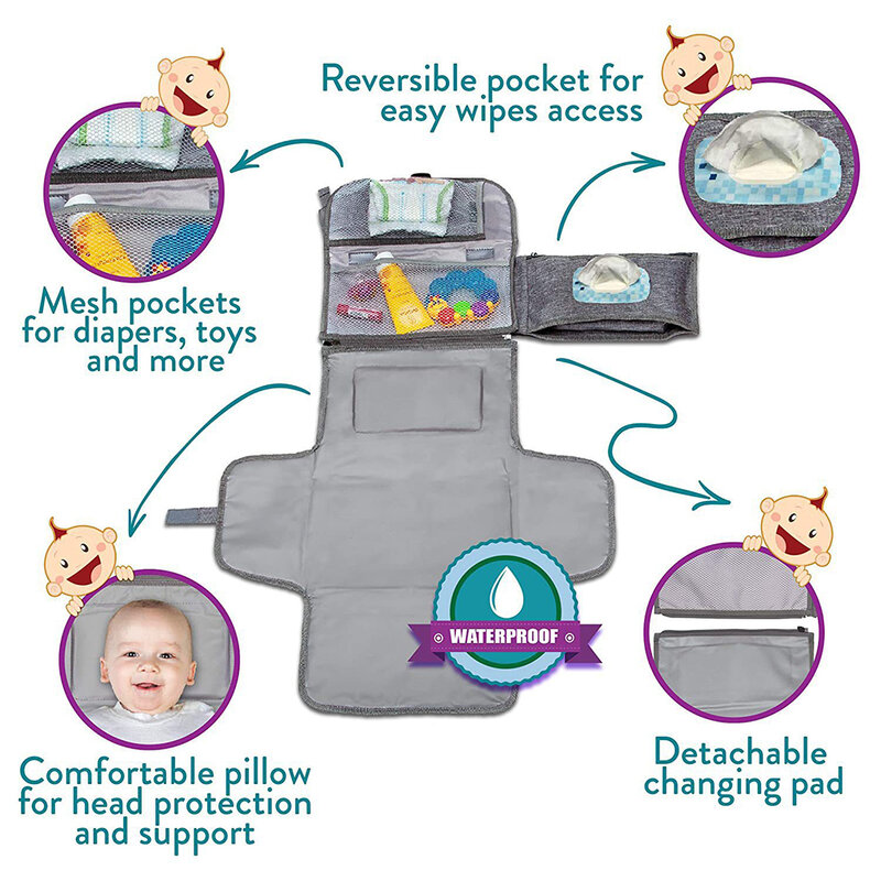 Portátil bebê fralda mudando pad com bolsos, dobrável, impermeável, recém-nascido, viagem, kit de estação