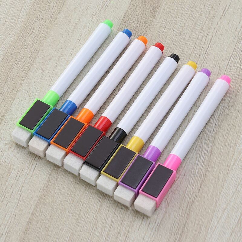 8pcs Magnetic Colorful Whiteboard Pen Black Pink Colored Pencils Built In Eraser School Supplies Children's Drawing Pen