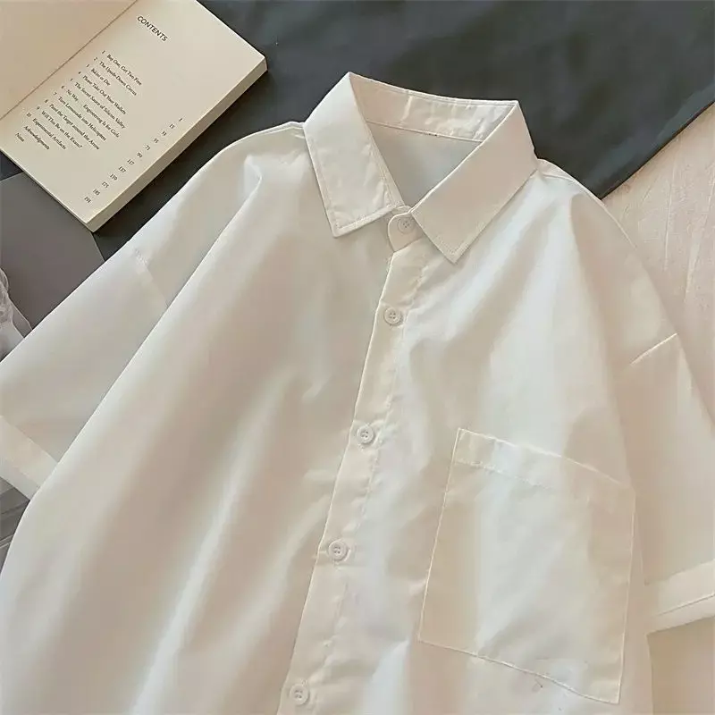 Рубашка женская универсальная с коротким рукавом, модная однотонная Минималистичная Повседневная Милая Базовая сорочка в японском ретро стиле, 10 цветов, на лето