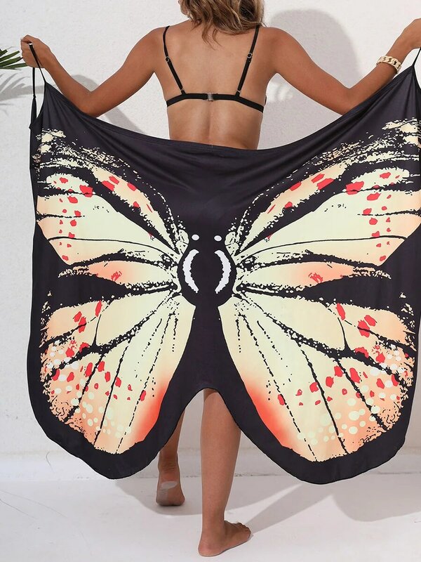 Women s Swimwear Cover Ups Dress Spaghetti Strap Butterfly Printed Beach Wrap Shawl Sarong Summer Dress