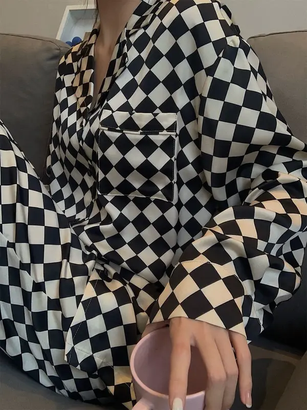 Pijama xadrez feminino, versão coreana, roupa caseira tamanho grande, novo, 2 peças, primavera e outono