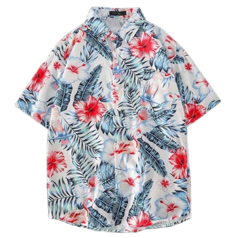 Summer Men's Lapel Short Sleeve Floral Shirt Fashion Handsome Casual Loose Fitting Versatile Hawaiian Printed Beach Shirt