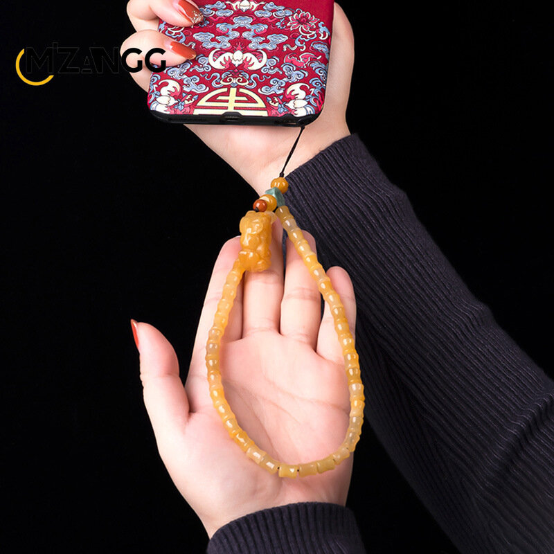 Lanière de téléphone portable en fil d'or naturel pour hommes et femmes, topaze originale, rétro, vent chinois, tissé à la main, amulettes exquises, Pi Xiu