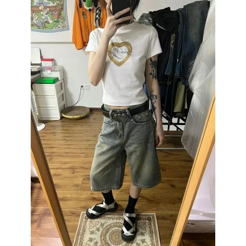 Deeptown-Jeans curtos extragrandes vintage feminino, correias retas de cintura alta, Y2K Hip Hop, calça jeans casual de verão, Harajuku Gyaru