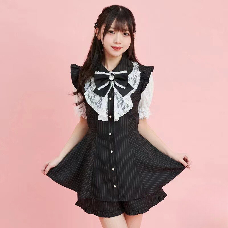 Japanese Rojita SC Suit New 2024 Summer Stripes Bow Lace Mine Series Mass-Produced Short Sleeved Two Piece Sets Women's Outifits