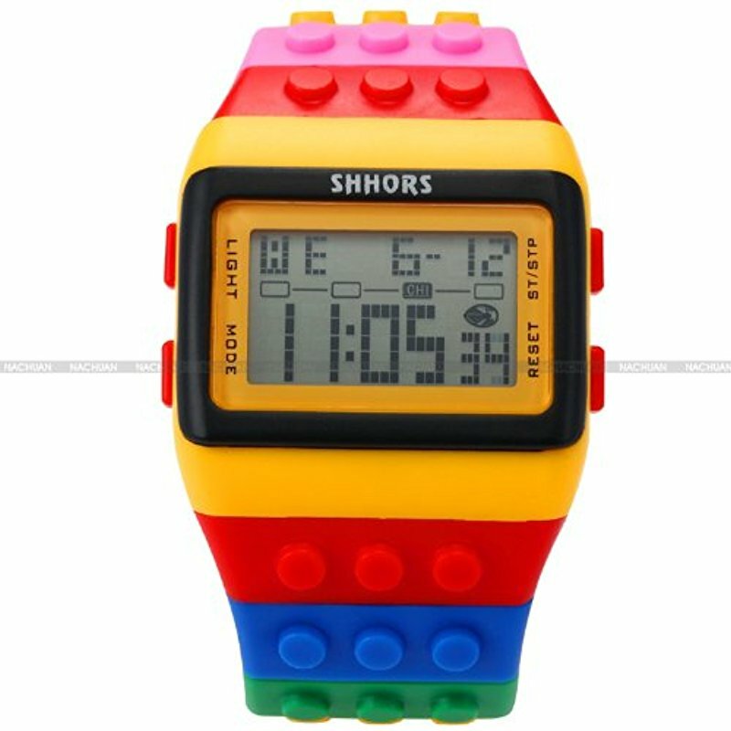 SHHORS LCD Digital Alarm Lady Men Block Constructor Stopwatch Sport Rubber Watch LED091