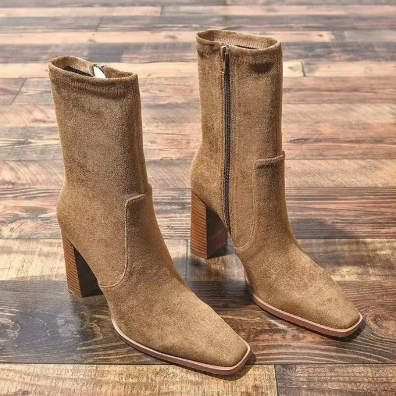 2023 scarpe moda per donna stivali da donna con cerniera inverno punta quadrata Solid Flock Concise Warm Mid-Calf Chunky Heels stivali romani