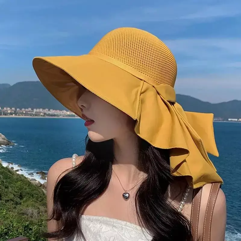 Sombrero de cubo de verano con chal para mujer, malla transpirable ligera, protección facial para el cuello, sombreros de sol con lazo de ala grande, sombrero de playa de viaje