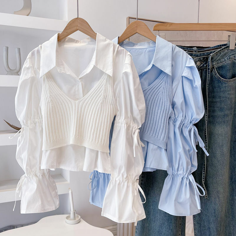 여성용 퍼프 슬리브 화이트 셔츠, 작은 디자인 감각, 틈새 짧은 캐미솔 셔츠 상의, 2023 용수철 신상