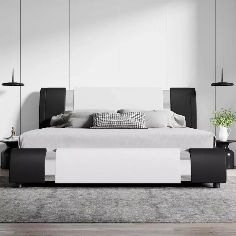 SHA CERLIN-Moldura moderna cama king couro sintético, cabeceira ajustável e acentos de ferro, Deluxe estofados plataforma cama com S