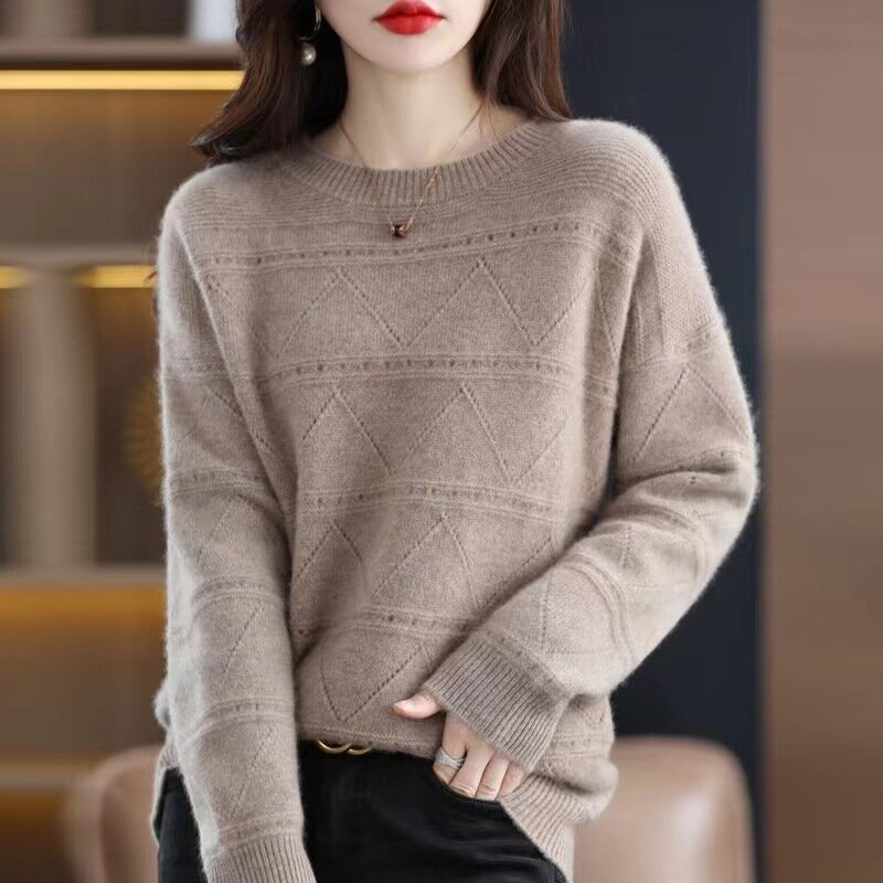 Suéter de malha solto oco feminino, top de manga comprida, gola redonda, pulôver, malhas, outono, inverno, novo