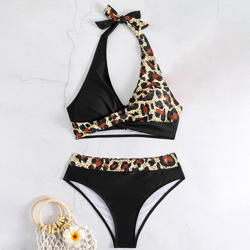 Rimiut-Conjunto feminino de biquíni de cintura alta, maiô leopardo, moda praia feminina, roupa de banho push up banhistas, roupa de banho de verão, novo