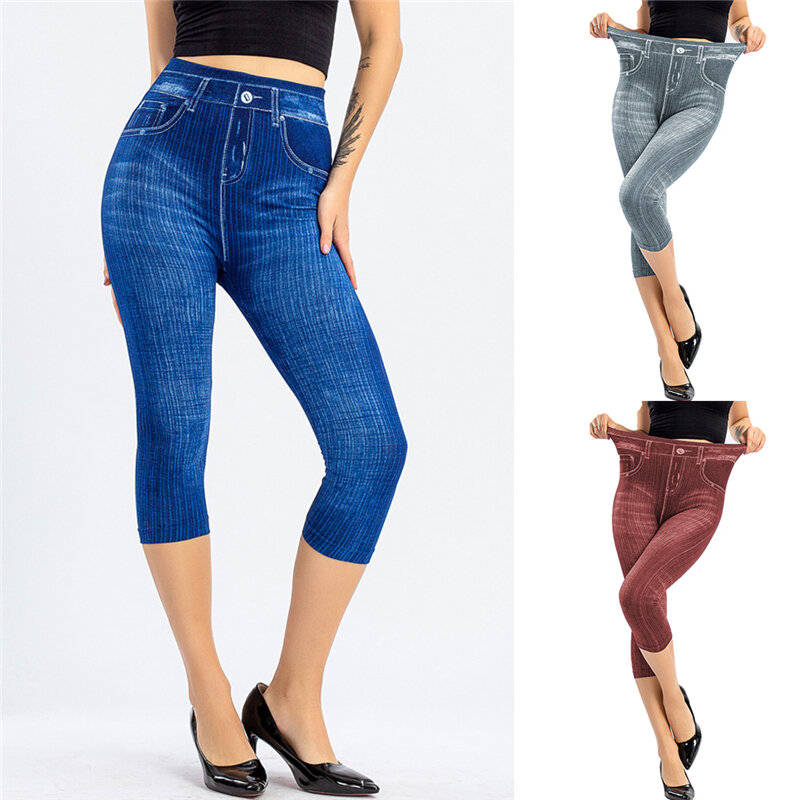 Calça jeans capri feminina na altura do joelho, jeans skinny de cintura alta, moda verão