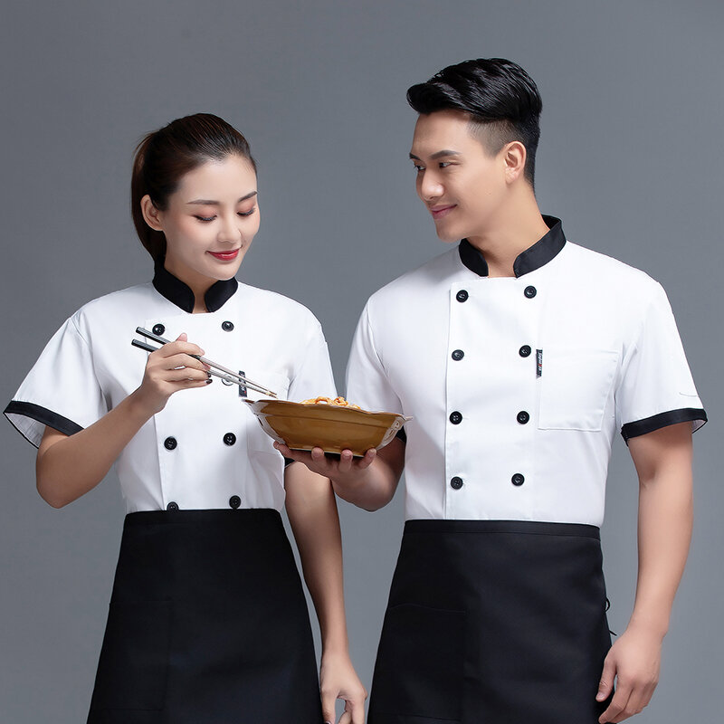 Großhandel Unisex restaurant Uniform Bäckerei Lebensmittel Service Kurzarm Atmungsaktive Zweireiher neue chef uniform Kochen kleidung