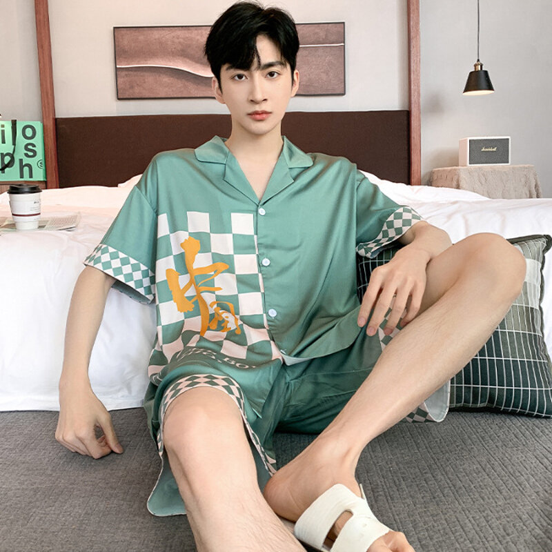 Ropa de dormir de seda para hombre, conjunto de Pijama corto de verano, cárdigan de talla grande 3XL, moda coreana