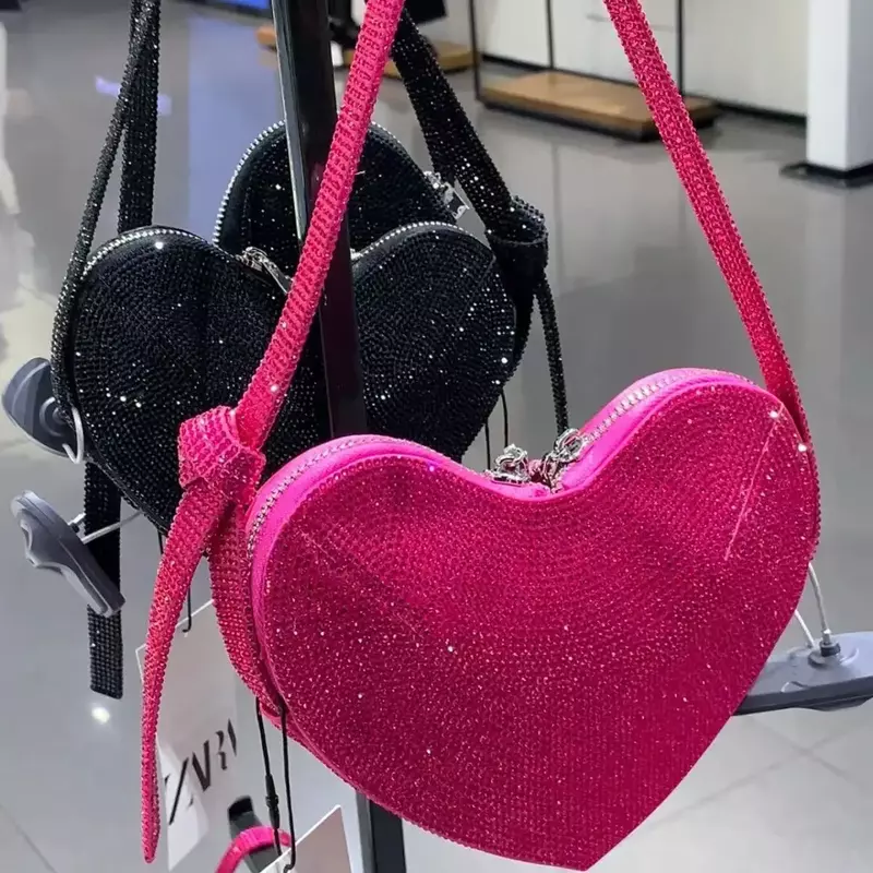 Bolso cruzado en forma de corazón de cuero PU para mujer, bolsos de hombro con taladro de diseñador de lujo, bolso de mano de noche para mujer