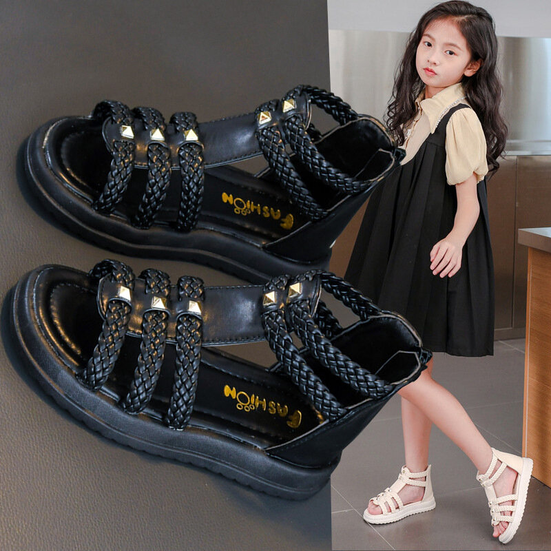 Dziewczęce rzymskie sandały z wystającym palcem plecione jednokolorowe wysokie proste nity nowe letnie puste codzienne buty moda dziecięca na co dzień
