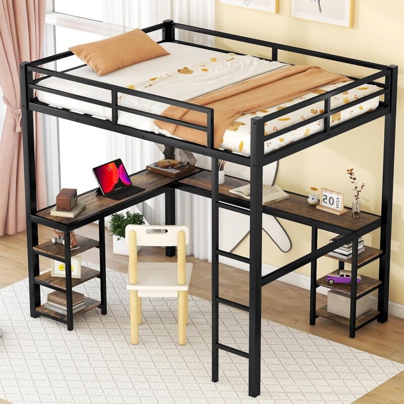 Bellewave-cama loft de tamaño completo con escritorio en forma de L, marco de metal, cama completa con estantes de almacenamiento, cama loft de metal resistente para k