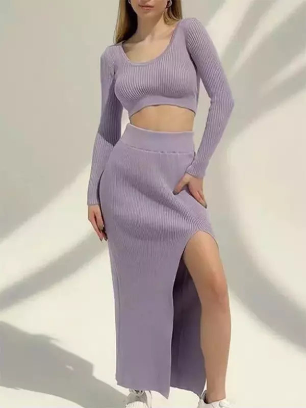 Rok Sweter Seksi Wanita Musim Dingin Rajutan 2022 Setelan Mode Y2K Atasan Crop Lengan Panjang dan Gaun Rok Belah Panjang Dua Potong Set