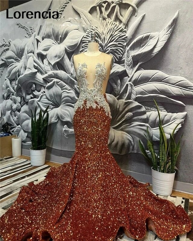 Lorencia Sparkly Long Prom Dress For Black Girls 2024 Brown Beaded Appliques Sequins Birthday Party Gowns Robe De Soiree YPD65