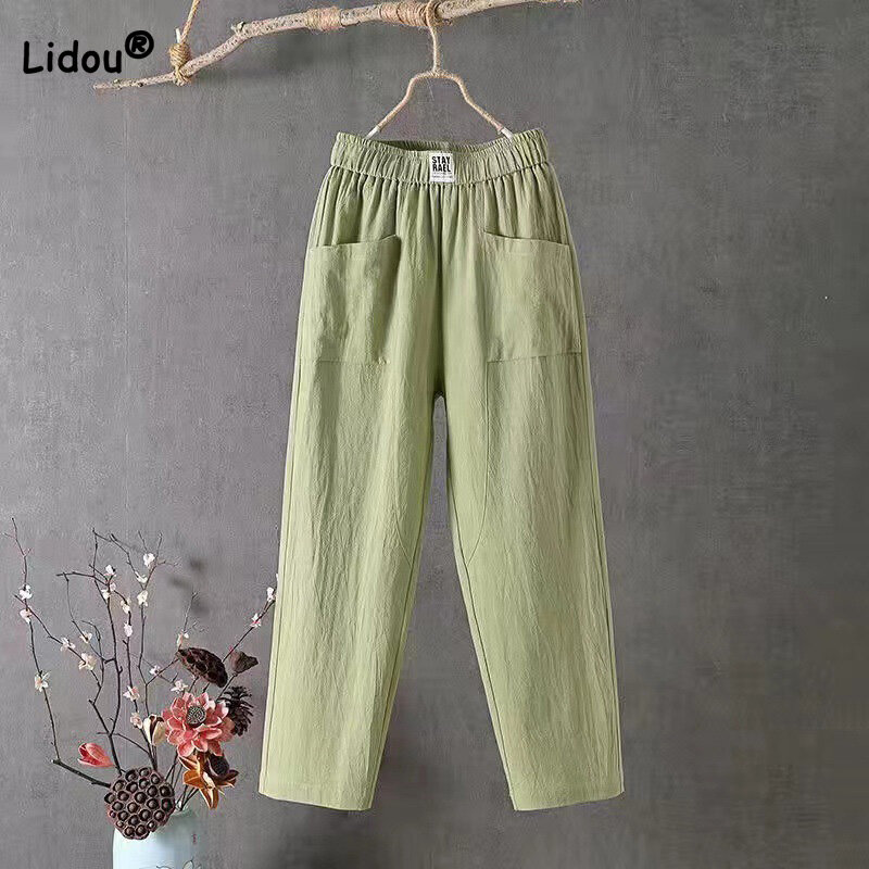 Elastic Mid Waist New Cotton Linen Summer Loose Straight Trousers Casual Solid Spliced Double Pockets Nine Point Harlan Pants