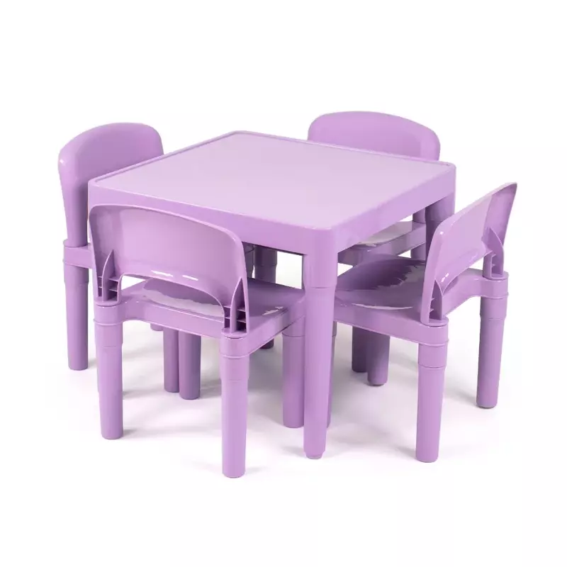 Humble Crew Quinn 어린이 경량 플라스틱 테이블 및 의자 4 개 세트, 사각형, 보라색