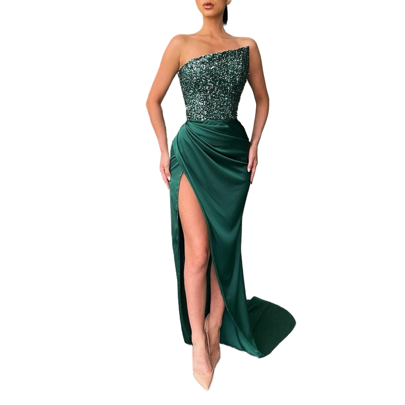 New Fashion Green Fairy Wedding Long sleeved Diagonal Neck Elegant and Elegant Mid length Evening Dress