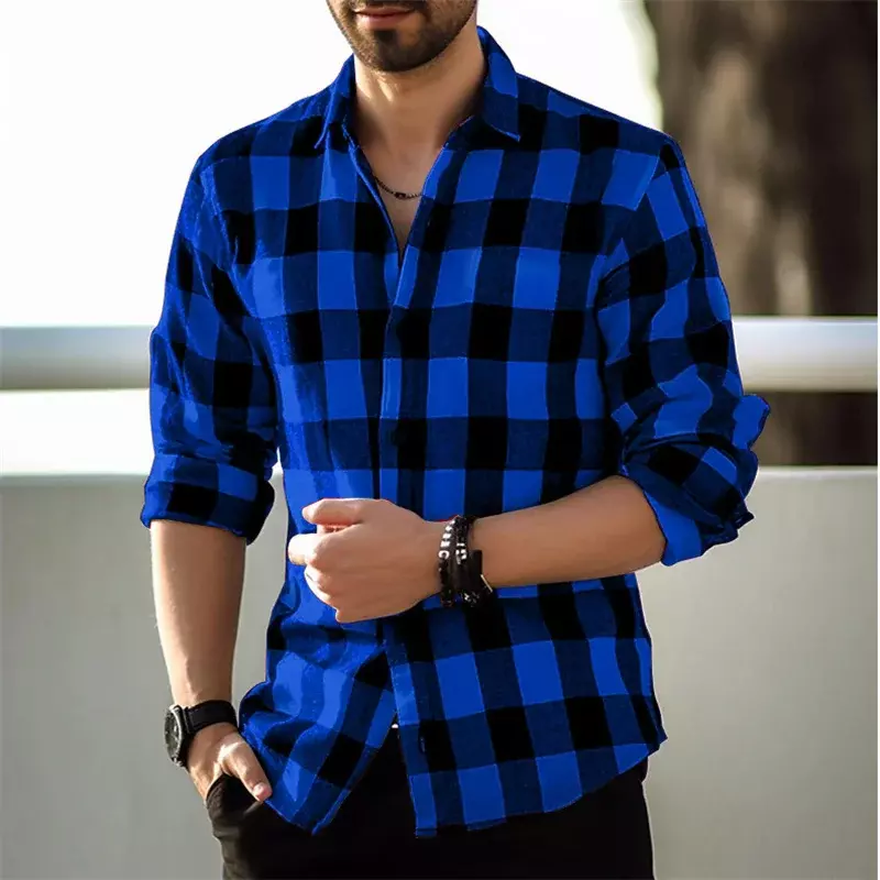 Camisa xadrez xadrez casual masculina, moda do escritório, tendência, alta qualidade, macio, tecido confortável, lapela, mangas compridas, tamanho positivo, alta qualidade