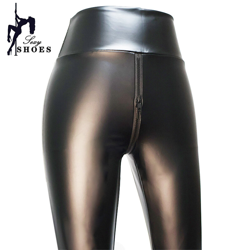 Пикантные брюки с двойной молнией и открытой промежностью для женщин, черные матовые кожаные экзотические облегающие брюки большого размера, леггинсы для ночного клуба с гидролизованным эффектом