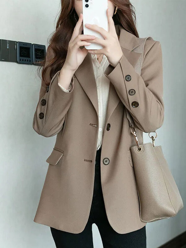 Blazer Women 2022 wiosenny i jesienny nowy modny jednorzędowy brązowy czarny płaszcz wierzchni z długim rękawem luźny koreański blezer, kurtka