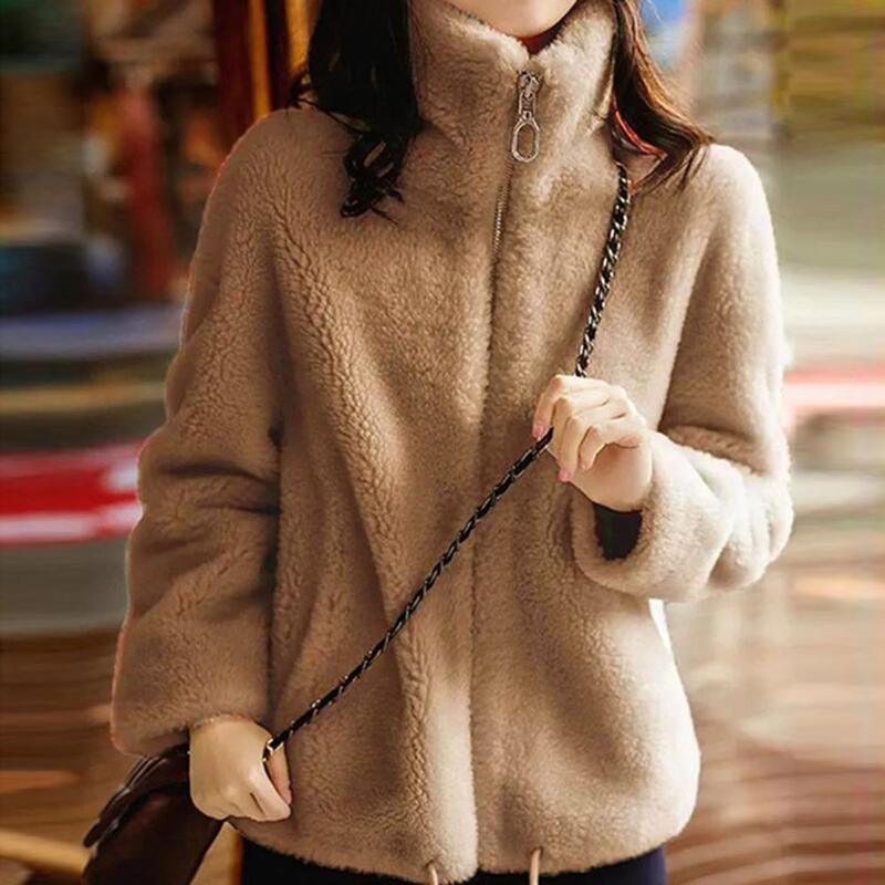 Jaqueta de pelúcia dupla face feminina, casaco espesso feminino, gola alta, proteção para o pescoço, casaco com zíper, casacos, inverno
