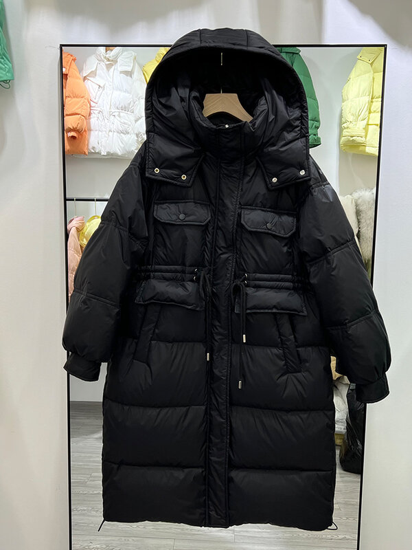 Winter Women Hooded Bread Puffer Jacket Female Long White Duck Down Coat Streetwear Thick Warm Snow Parka