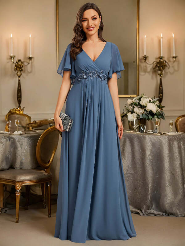 Элегантные вечерние платья с глубоким V-образным вырезом, плиссированные платья до пола с аппликацией BAZIIINGAAA из шифона, пыльно-синие платья подружки невесты 2024