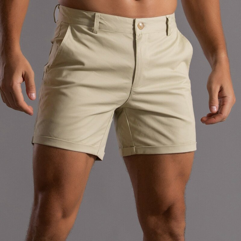 Pantalones cortos caqui para hombre, Bermudas informales de verano, Color sólido, con botones finos, trajes de vacaciones