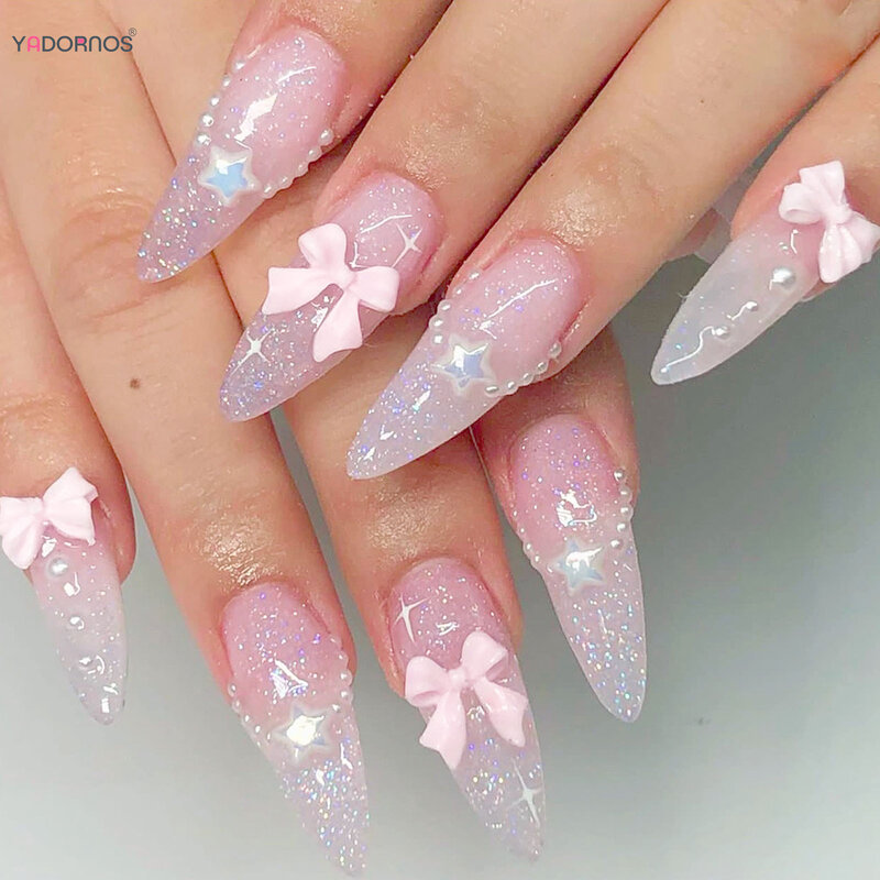 24Pcs Pink Press on Nails unghie finte stile francese alla mandorla con Design a fiocco lungo Ballerina unghie finte indossabili per le donne