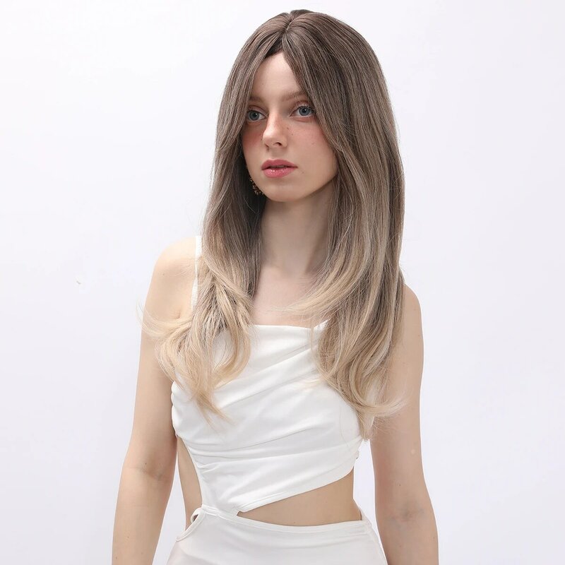 24 Inches Brown Light Blonde Platinum Long Wavy Middle Part Hair Wig Cosplay Natural Heat Resistant Synthetic Wig For Women