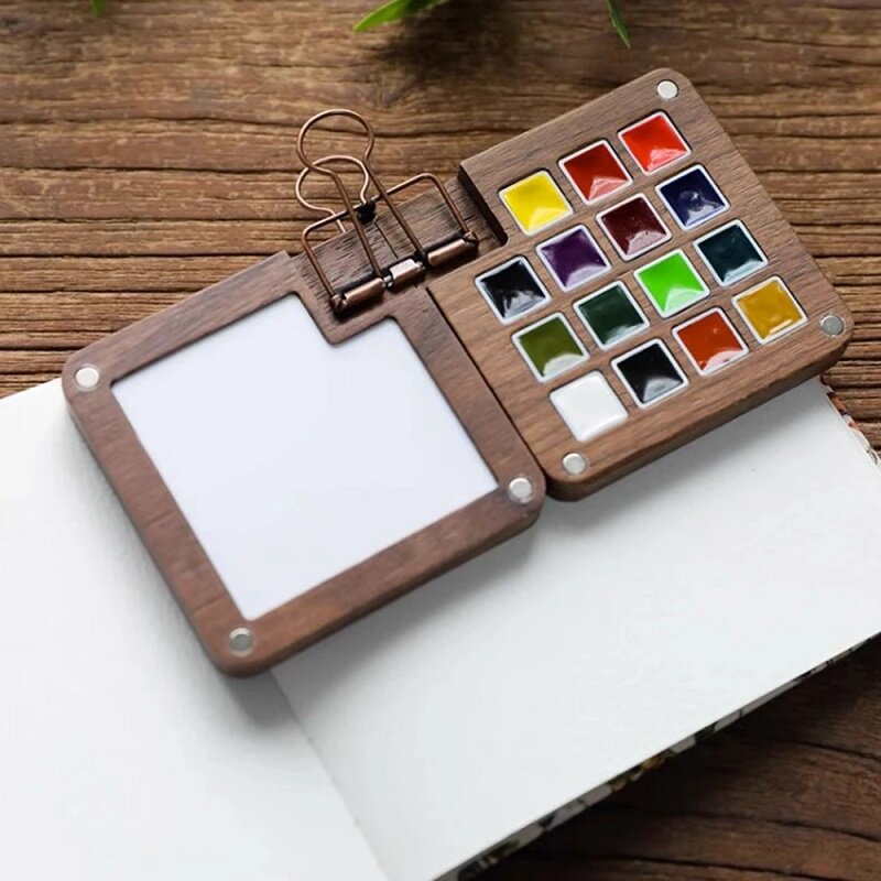 Ins Wooden Watercolor Paint Dispensing Box Portable Wooden Box Lattice Box 15 Grid Watercolor Palette Box With Clip