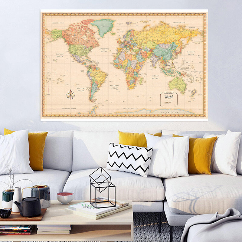 150*90cm mapa polityczna świata klasyczny Vintage włókniny płótnie malarstwo ścienne plakat artystyczny dla Home Decor szkolne