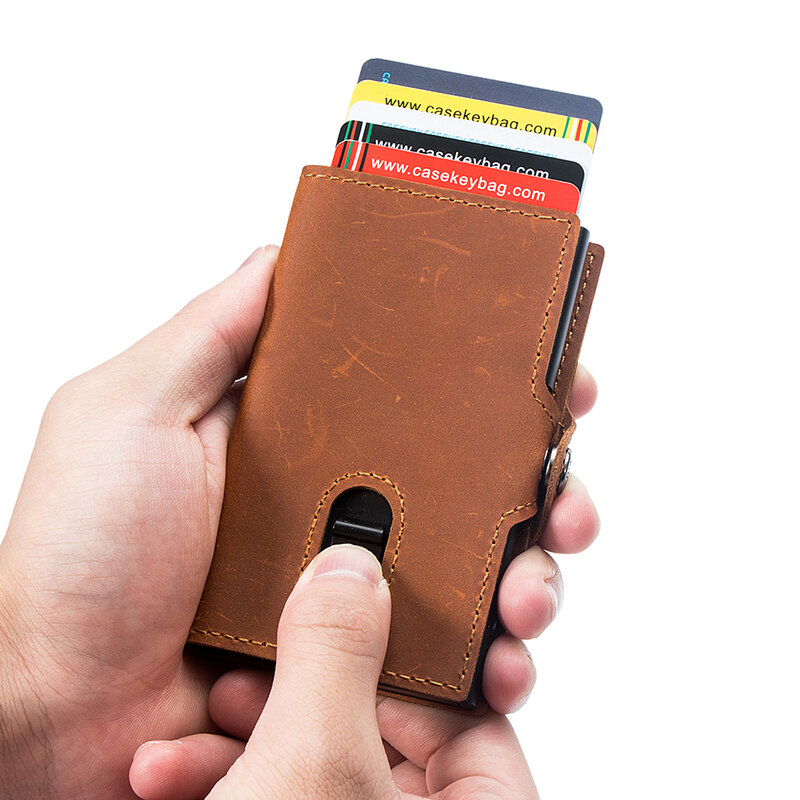 Мужские кошельки CASEKEY из натуральной коровьей кожи, выдвижной держатель для кредитных карт, RFID Блокировка, тонкий умный бумажник из углеродного волокна с карманом