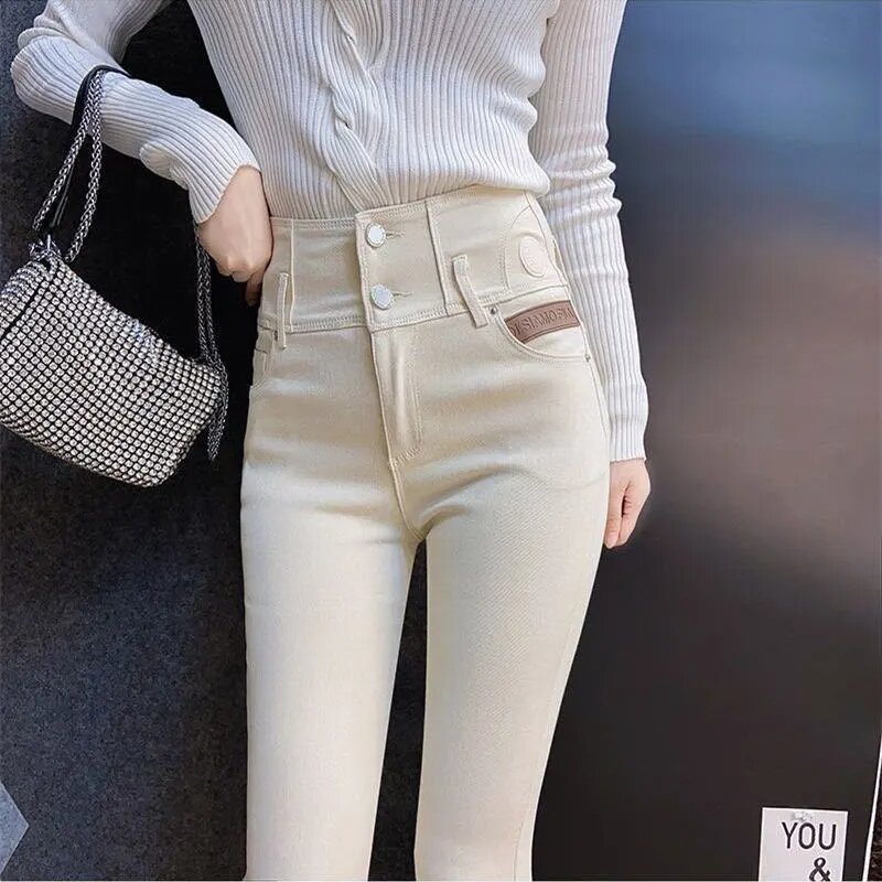 กางเกงผ้ายีนส์เอวสูงสำหรับผู้หญิง, กางเกงผ้ายีนส์ยืดเอวสูง MODE Korea แอปริคอท