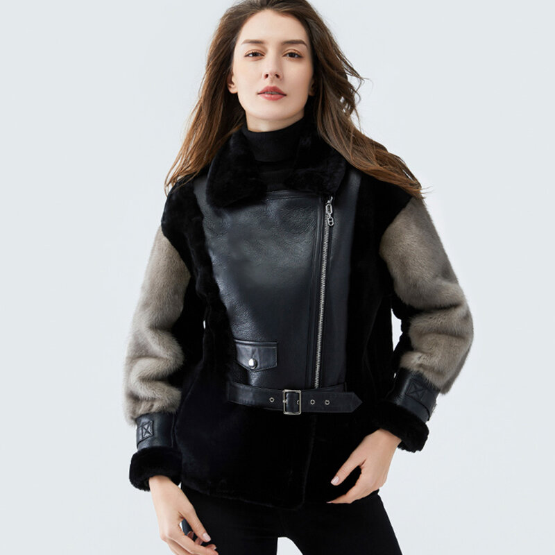 New Sheepskin Coat For Women Winter Merino Fur Real Sheep Fur Jacket With Real Mink Fur Sleeve Motorcyle Female Winter Clothings