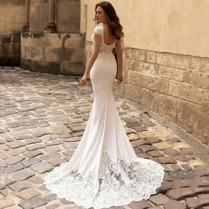 Женское свадебное платье с юбкой-годе It's yiiya, белое кружевное платье в стиле бохо с V-образным вырезом, коротким рукавом, открытой спиной и аппликацией на молнии на лето 2023