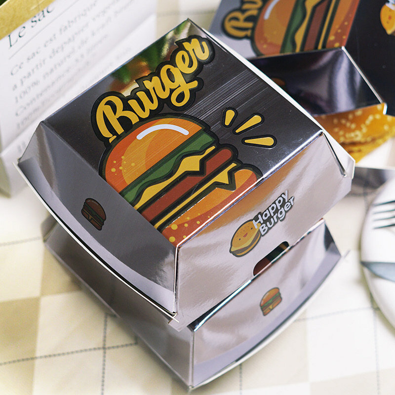 บรรจุภัณฑ์อาหารกล่องเบอร์เกอร์พร้อมโลโก้กระดาษแข็งสีเงินสำหรับซื้อกลับบ้าน