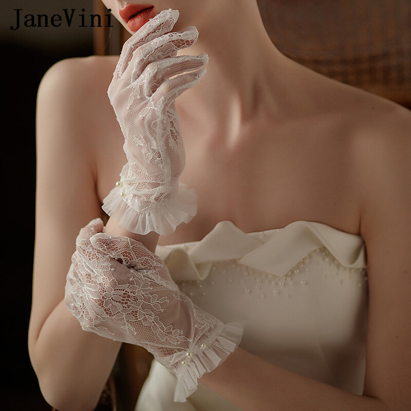 JaneVini Graceful sarung tangan pengantin renda, pendek mutiara wanita Vintage sarung tangan pesta pernikahan panjang pergelangan tangan 22cm gaun pengantin aksesoris