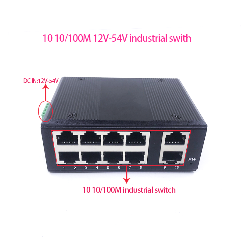 Interruptor Ethernet industrial, caja de Metal, 10/100M, 12V-54V, 10 puertos no gestionados