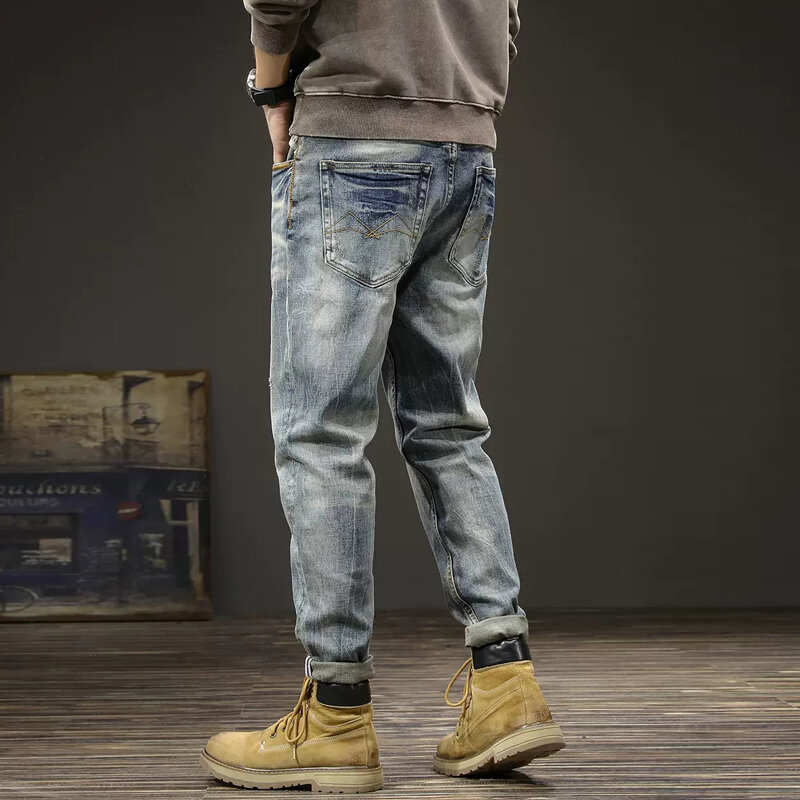 Новые дизайнерские модные мужские джинсы в стиле ретро синие Эластичные зауженные рваные джинсы мужские винтажные Брюки повседневные хлопковые джинсовые брюки для мужчин