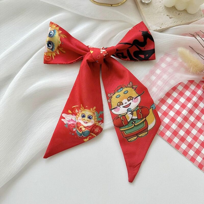 Printed New Year Red Silk Scarf Hair Tie New Year Scarves Long Scarf Scarf Accessories Dragon Pattern Scarf Hair Band Female